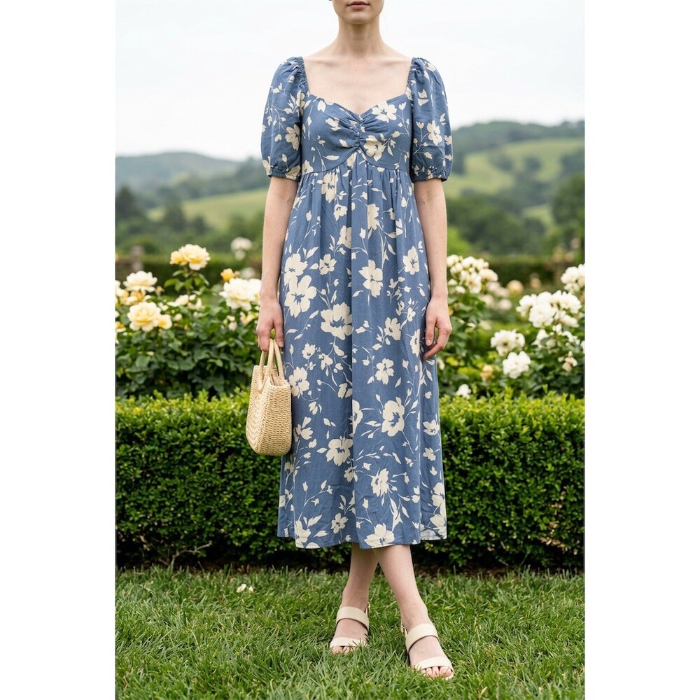 In February Dress Womens M Blue Floral Midi Empire Waist Pockets